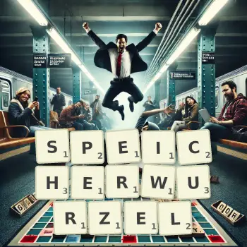 Kreative Illustration für ein Scrabble-Spiel, bei dem das Wort SPEICHERWURZEL mit Steinen auf dem Brett gelegt wurde.