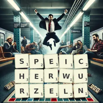Kreative Illustration für ein Scrabble-Spiel, bei dem das Wort SPEICHERWURZELN mit Steinen auf dem Brett gelegt wurde.
