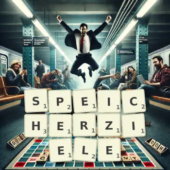 Kreative Illustration für ein Scrabble-Spiel, bei dem das Wort SPEICHERZIELE mit Steinen auf dem Brett gelegt wurde.