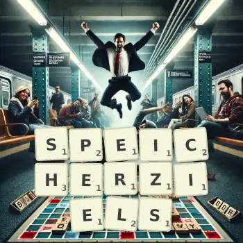 Kreative Illustration für ein Scrabble-Spiel, bei dem das Wort SPEICHERZIELS mit Steinen auf dem Brett gelegt wurde.
