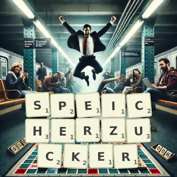 Kreative Illustration für ein Scrabble-Spiel, bei dem das Wort SPEICHERZUCKER mit Steinen auf dem Brett gelegt wurde.