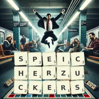 Kreative Illustration für ein Scrabble-Spiel, bei dem das Wort SPEICHERZUCKERS mit Steinen auf dem Brett gelegt wurde.