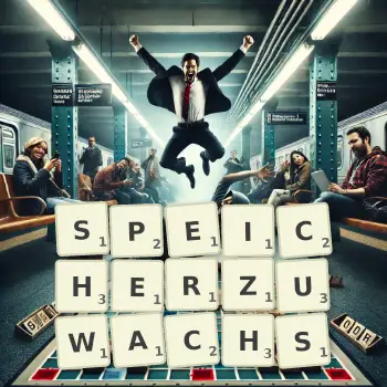 Kreative Illustration für ein Scrabble-Spiel, bei dem das Wort SPEICHERZUWACHS mit Steinen auf dem Brett gelegt wurde.
