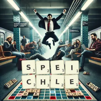 Kreative Illustration für ein Scrabble-Spiel, bei dem das Wort SPEICHLE mit Steinen auf dem Brett gelegt wurde.