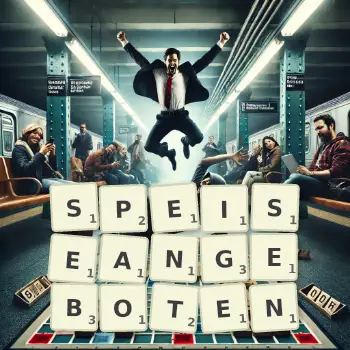 Kreative Illustration für ein Scrabble-Spiel, bei dem das Wort SPEISEANGEBOTEN mit Steinen auf dem Brett gelegt wurde.