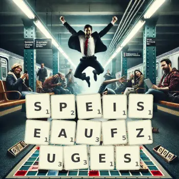 Kreative Illustration für ein Scrabble-Spiel, bei dem das Wort SPEISEAUFZUGES mit Steinen auf dem Brett gelegt wurde.