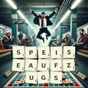 Kreative Illustration für ein Scrabble-Spiel, bei dem das Wort SPEISEAUFZUGS mit Steinen auf dem Brett gelegt wurde.
