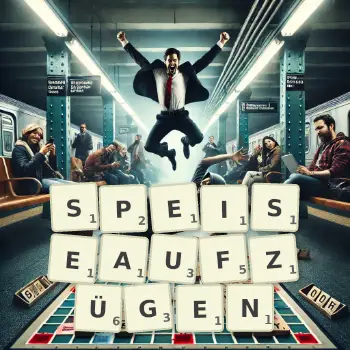 Kreative Illustration für ein Scrabble-Spiel, bei dem das Wort SPEISEAUFZÜGEN mit Steinen auf dem Brett gelegt wurde.