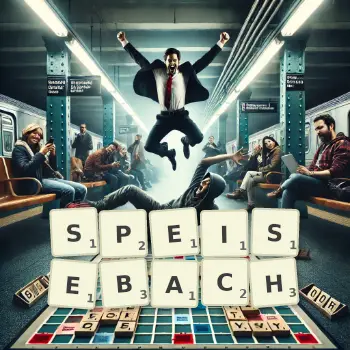 Kreative Illustration für ein Scrabble-Spiel, bei dem das Wort SPEISEBACH mit Steinen auf dem Brett gelegt wurde.