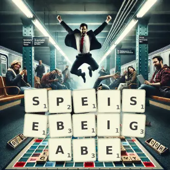 Kreative Illustration für ein Scrabble-Spiel, bei dem das Wort SPEISEBEIGABE mit Steinen auf dem Brett gelegt wurde.