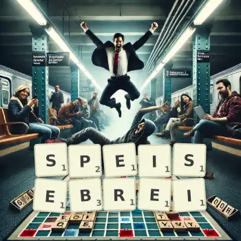Kreative Illustration für ein Scrabble-Spiel, bei dem das Wort SPEISEBREI mit Steinen auf dem Brett gelegt wurde.