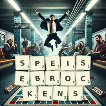Kreative Illustration für ein Scrabble-Spiel, bei dem das Wort SPEISEBROCKENS mit Steinen auf dem Brett gelegt wurde.