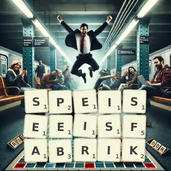 Kreative Illustration für ein Scrabble-Spiel, bei dem das Wort SPEISEEISFABRIK mit Steinen auf dem Brett gelegt wurde.