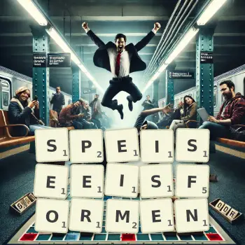 Kreative Illustration für ein Scrabble-Spiel, bei dem das Wort SPEISEEISFORMEN mit Steinen auf dem Brett gelegt wurde.