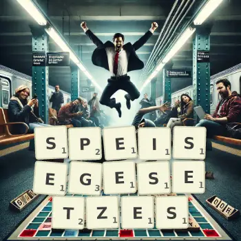 Kreative Illustration für ein Scrabble-Spiel, bei dem das Wort SPEISEGESETZES mit Steinen auf dem Brett gelegt wurde.