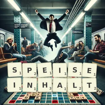 Kreative Illustration für ein Scrabble-Spiel, bei dem das Wort SPEISEINHALT mit Steinen auf dem Brett gelegt wurde.