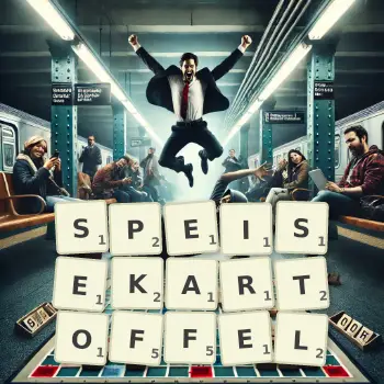 Kreative Illustration für ein Scrabble-Spiel, bei dem das Wort SPEISEKARTOFFEL mit Steinen auf dem Brett gelegt wurde.