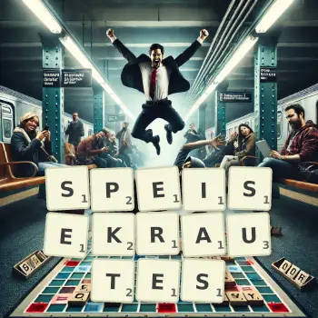 Kreative Illustration für ein Scrabble-Spiel, bei dem das Wort SPEISEKRAUTES mit Steinen auf dem Brett gelegt wurde.