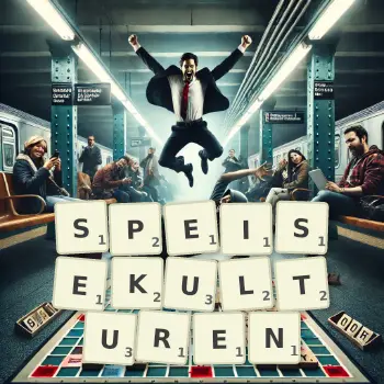 Kreative Illustration für ein Scrabble-Spiel, bei dem das Wort SPEISEKULTUREN mit Steinen auf dem Brett gelegt wurde.