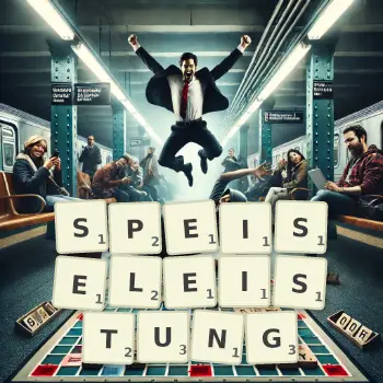 Kreative Illustration für ein Scrabble-Spiel, bei dem das Wort SPEISELEISTUNG mit Steinen auf dem Brett gelegt wurde.