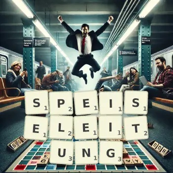 Kreative Illustration für ein Scrabble-Spiel, bei dem das Wort SPEISELEITUNG mit Steinen auf dem Brett gelegt wurde.