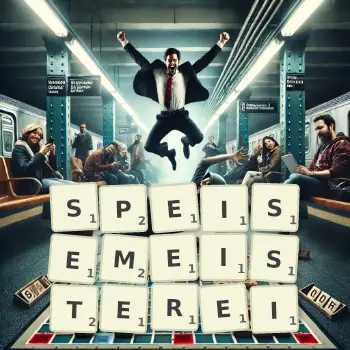 Kreative Illustration für ein Scrabble-Spiel, bei dem das Wort SPEISEMEISTEREI mit Steinen auf dem Brett gelegt wurde.