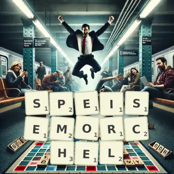 Kreative Illustration für ein Scrabble-Spiel, bei dem das Wort SPEISEMORCHEL mit Steinen auf dem Brett gelegt wurde.