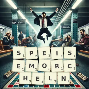 Kreative Illustration für ein Scrabble-Spiel, bei dem das Wort SPEISEMORCHELN mit Steinen auf dem Brett gelegt wurde.