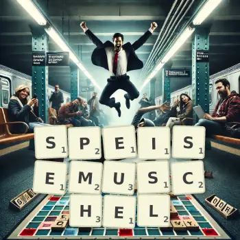 Kreative Illustration für ein Scrabble-Spiel, bei dem das Wort SPEISEMUSCHEL mit Steinen auf dem Brett gelegt wurde.