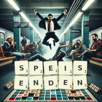 Kreative Illustration für ein Scrabble-Spiel, bei dem das Wort SPEISENDEN mit Steinen auf dem Brett gelegt wurde.