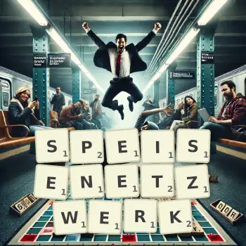 Kreative Illustration für ein Scrabble-Spiel, bei dem das Wort SPEISENETZWERK mit Steinen auf dem Brett gelegt wurde.