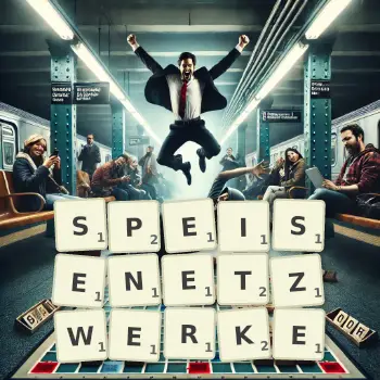 Kreative Illustration für ein Scrabble-Spiel, bei dem das Wort SPEISENETZWERKE mit Steinen auf dem Brett gelegt wurde.