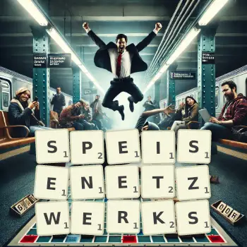 Kreative Illustration für ein Scrabble-Spiel, bei dem das Wort SPEISENETZWERKS mit Steinen auf dem Brett gelegt wurde.