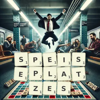 Kreative Illustration für ein Scrabble-Spiel, bei dem das Wort SPEISEPLATZES mit Steinen auf dem Brett gelegt wurde.
