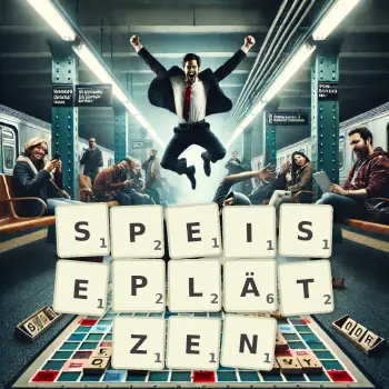 Kreative Illustration für ein Scrabble-Spiel, bei dem das Wort SPEISEPLÄTZEN mit Steinen auf dem Brett gelegt wurde.