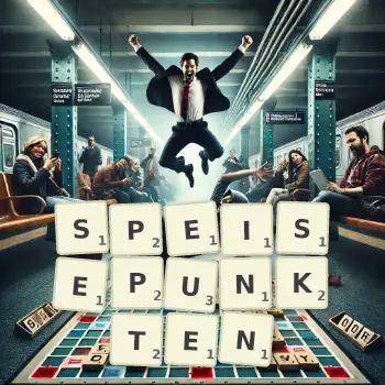 Kreative Illustration für ein Scrabble-Spiel, bei dem das Wort SPEISEPUNKTEN mit Steinen auf dem Brett gelegt wurde.