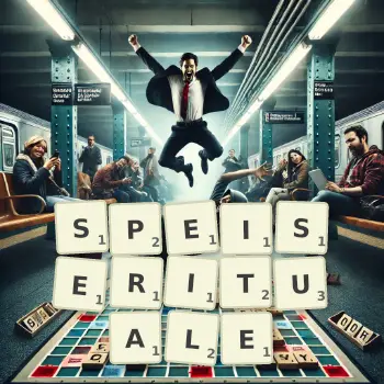 Kreative Illustration für ein Scrabble-Spiel, bei dem das Wort SPEISERITUALE mit Steinen auf dem Brett gelegt wurde.