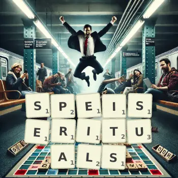 Kreative Illustration für ein Scrabble-Spiel, bei dem das Wort SPEISERITUALS mit Steinen auf dem Brett gelegt wurde.