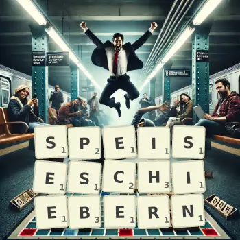 Kreative Illustration für ein Scrabble-Spiel, bei dem das Wort SPEISESCHIEBERN mit Steinen auf dem Brett gelegt wurde.