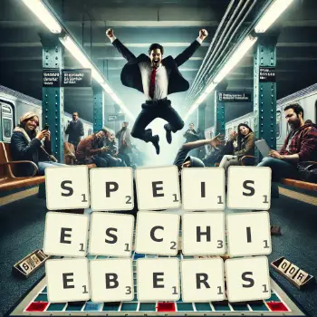 Kreative Illustration für ein Scrabble-Spiel, bei dem das Wort SPEISESCHIEBERS mit Steinen auf dem Brett gelegt wurde.