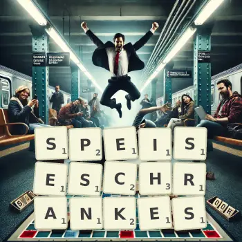 Kreative Illustration für ein Scrabble-Spiel, bei dem das Wort SPEISESCHRANKES mit Steinen auf dem Brett gelegt wurde.