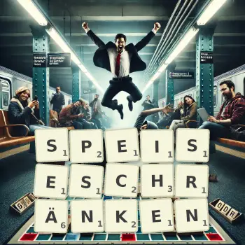 Kreative Illustration für ein Scrabble-Spiel, bei dem das Wort SPEISESCHRÄNKEN mit Steinen auf dem Brett gelegt wurde.