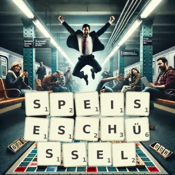 Kreative Illustration für ein Scrabble-Spiel, bei dem das Wort SPEISESCHÜSSEL mit Steinen auf dem Brett gelegt wurde.