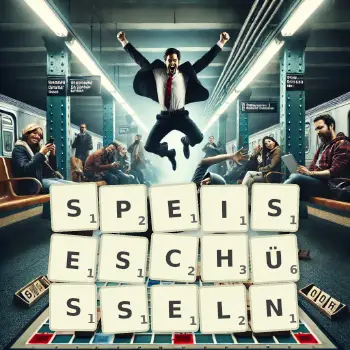 Kreative Illustration für ein Scrabble-Spiel, bei dem das Wort SPEISESCHÜSSELN mit Steinen auf dem Brett gelegt wurde.