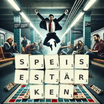 Kreative Illustration für ein Scrabble-Spiel, bei dem das Wort SPEISESTÄRKEN mit Steinen auf dem Brett gelegt wurde.
