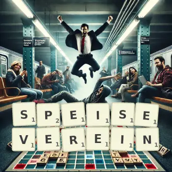 Kreative Illustration für ein Scrabble-Spiel, bei dem das Wort SPEISEVEREIN mit Steinen auf dem Brett gelegt wurde.