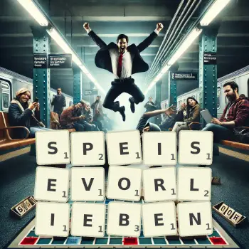 Kreative Illustration für ein Scrabble-Spiel, bei dem das Wort SPEISEVORLIEBEN mit Steinen auf dem Brett gelegt wurde.