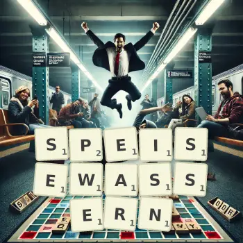Kreative Illustration für ein Scrabble-Spiel, bei dem das Wort SPEISEWASSERN mit Steinen auf dem Brett gelegt wurde.