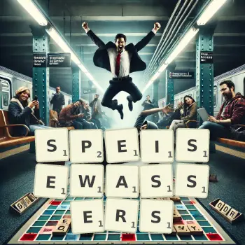 Kreative Illustration für ein Scrabble-Spiel, bei dem das Wort SPEISEWASSERS mit Steinen auf dem Brett gelegt wurde.