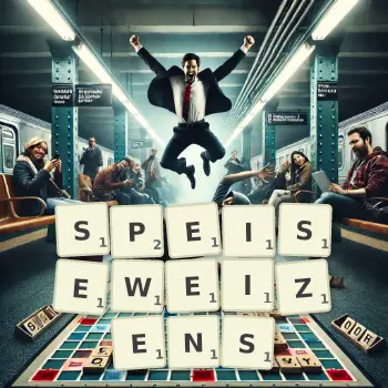 Kreative Illustration für ein Scrabble-Spiel, bei dem das Wort SPEISEWEIZENS mit Steinen auf dem Brett gelegt wurde.